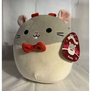 Squishmallow 8” RUSTY Gray Rat Red Bow Tie Heart Antennas New